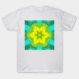 Mosaic Kaleidoscope Flower Yellow Green and Blue T-Shirt
